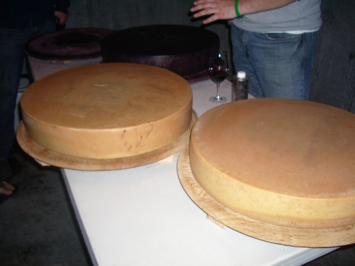 3 aging cheese wheels